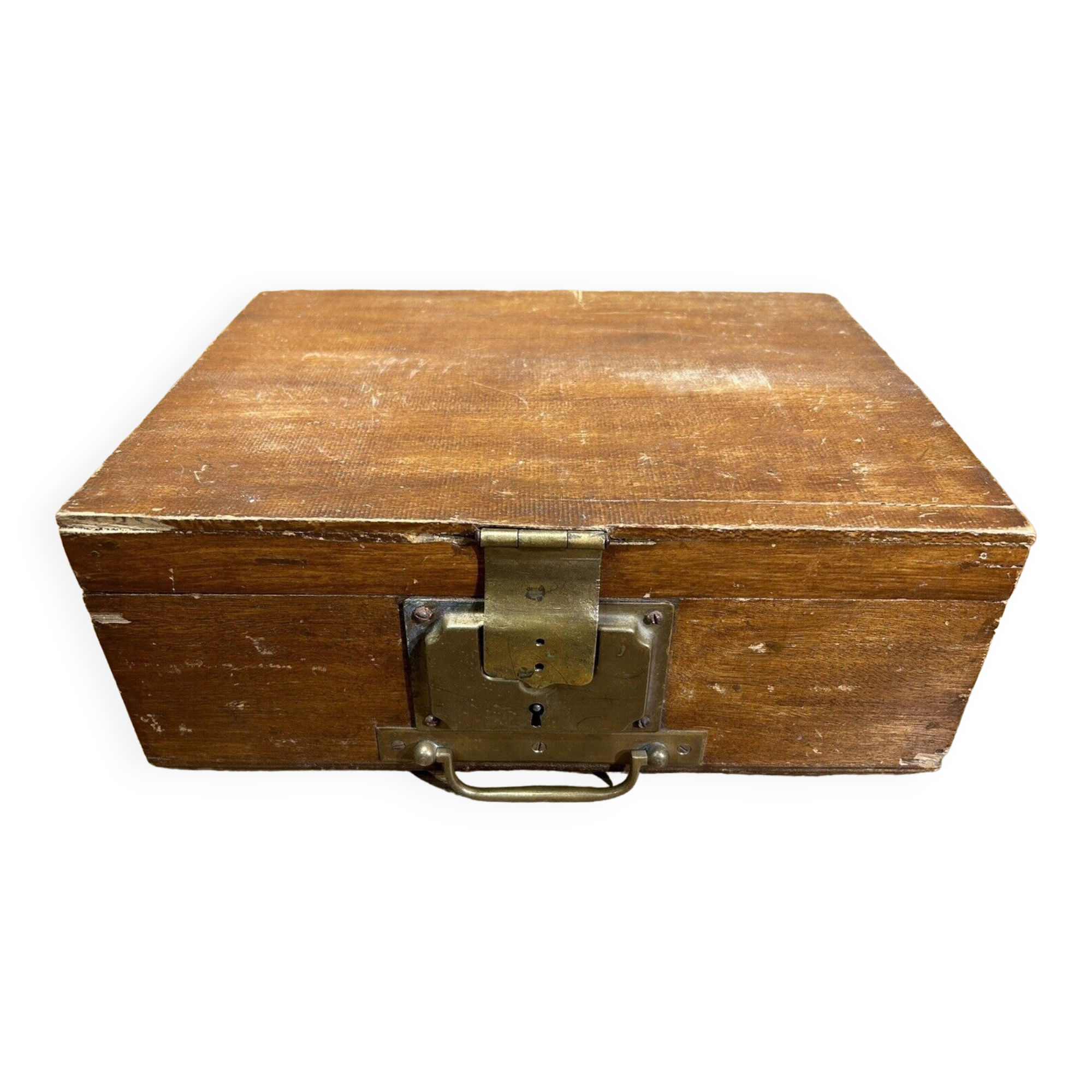 Old wood and brass box, decoration loft workshop, furniture of trades