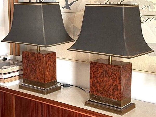 Paire de lampes de table en loupe et cuivre de Jean Claude Mahey