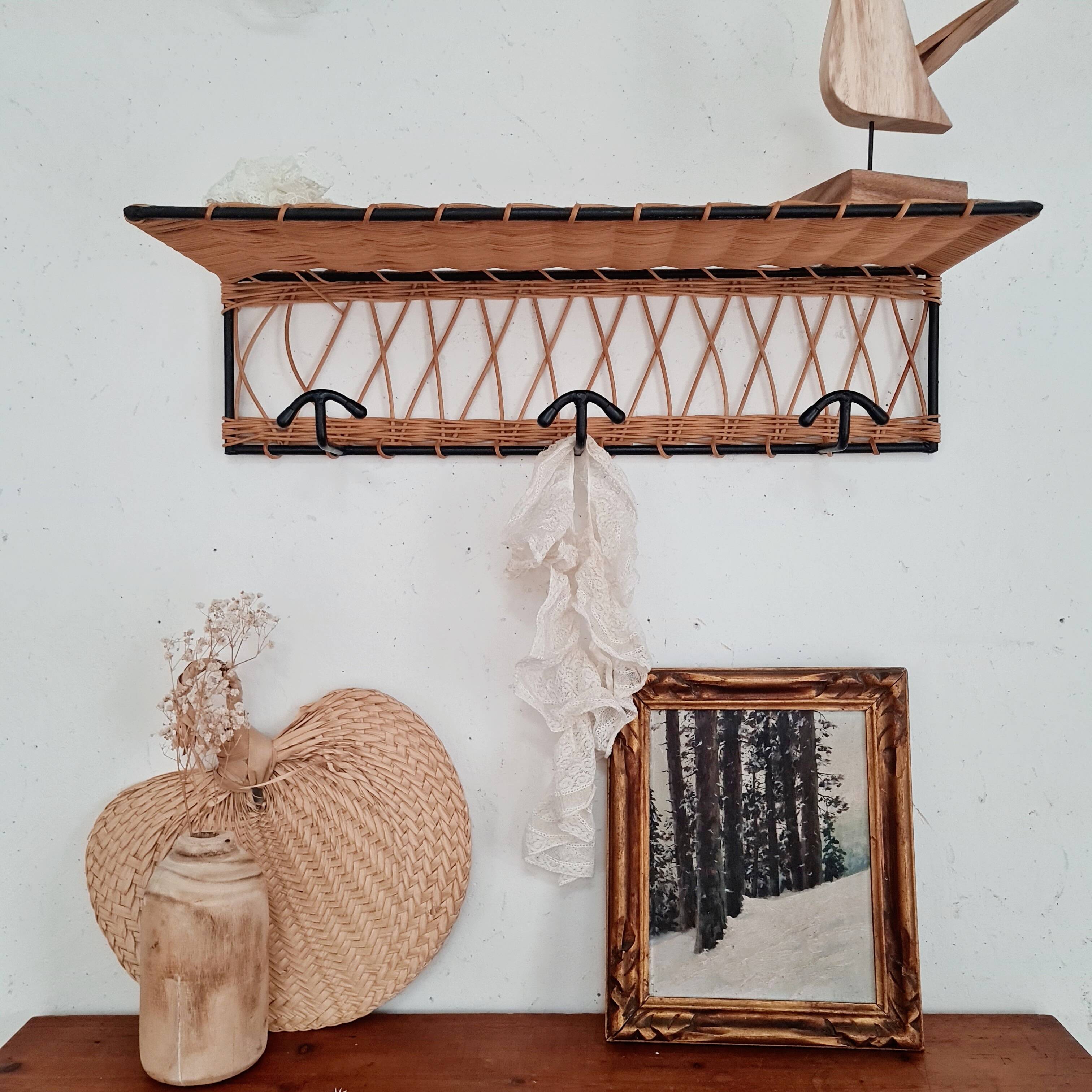 Metal and rattan coat rack