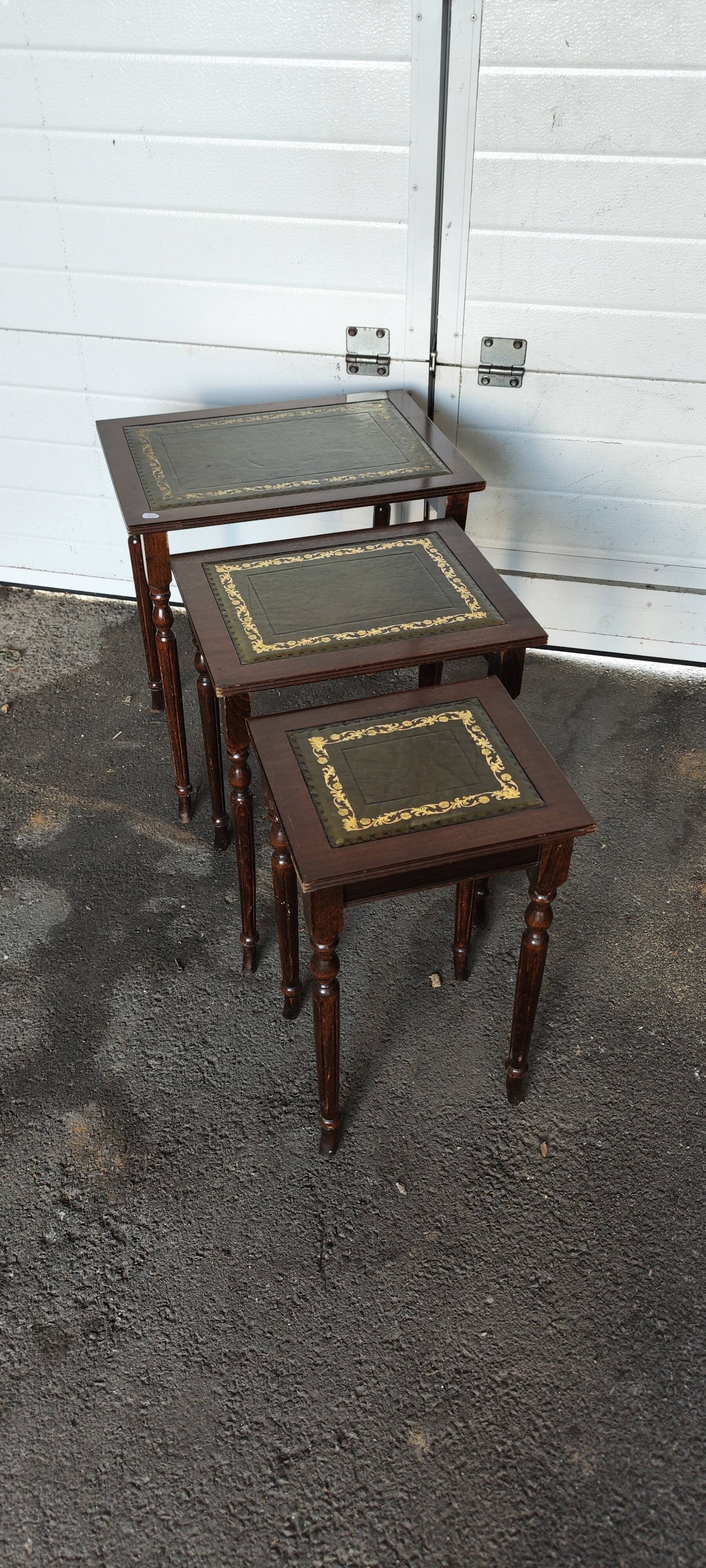 Set of three nesting tables with leather top