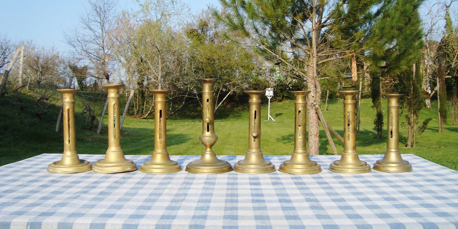 Set of 8 antique brass chandeliers
