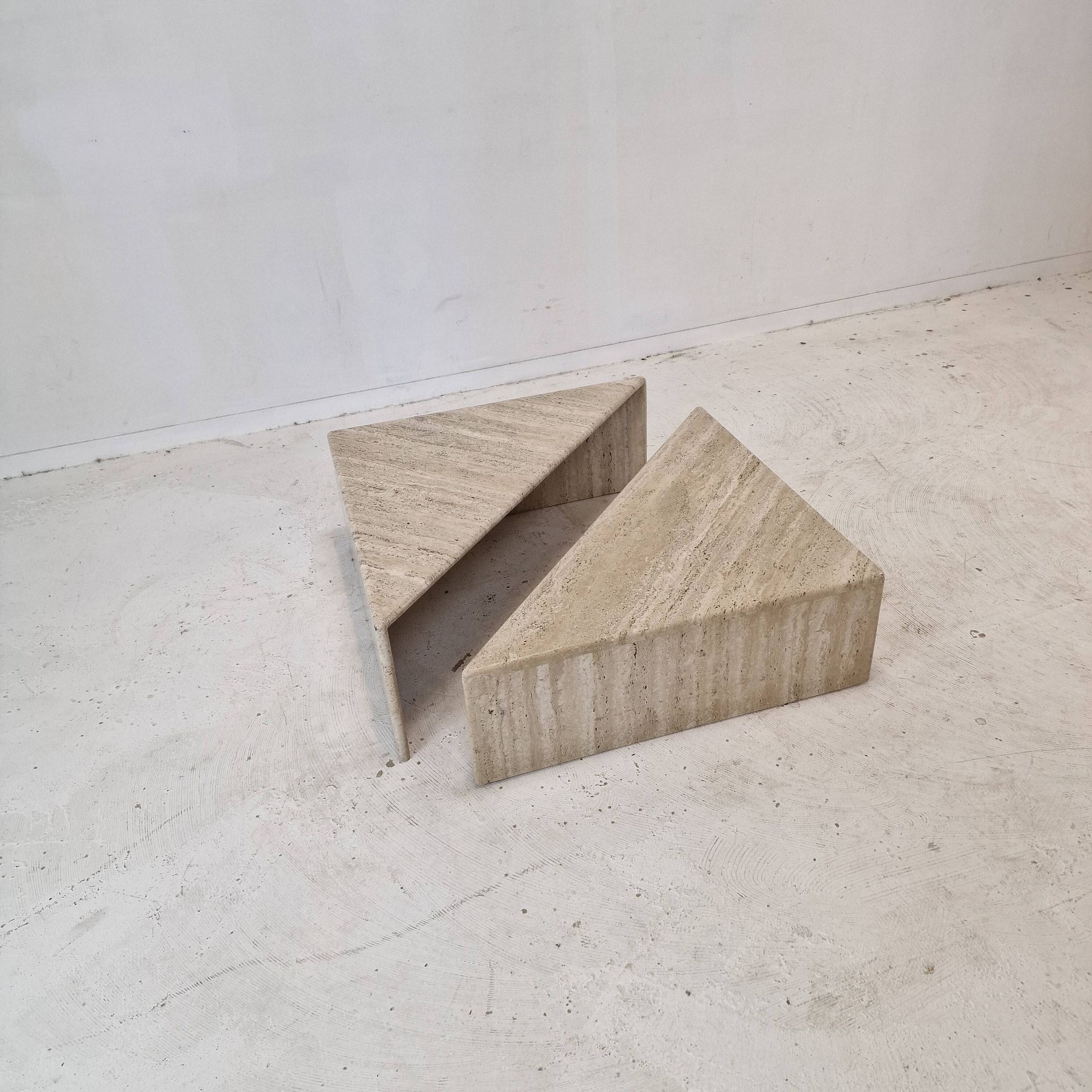 Set of Two Triangle Coffee Tables In Travertine By Up & Up, Italy 1980's