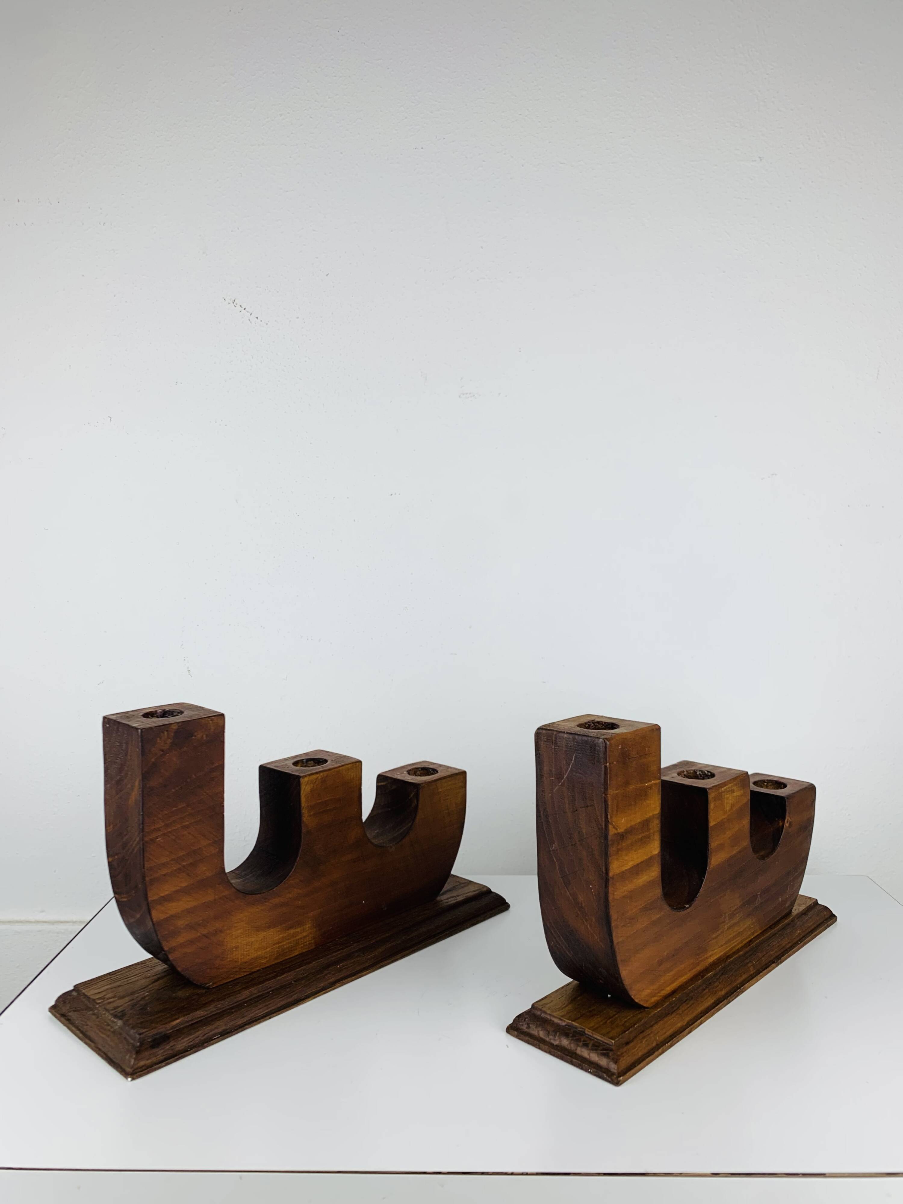 Pair of brutalist wooden candlesticks, 1960s