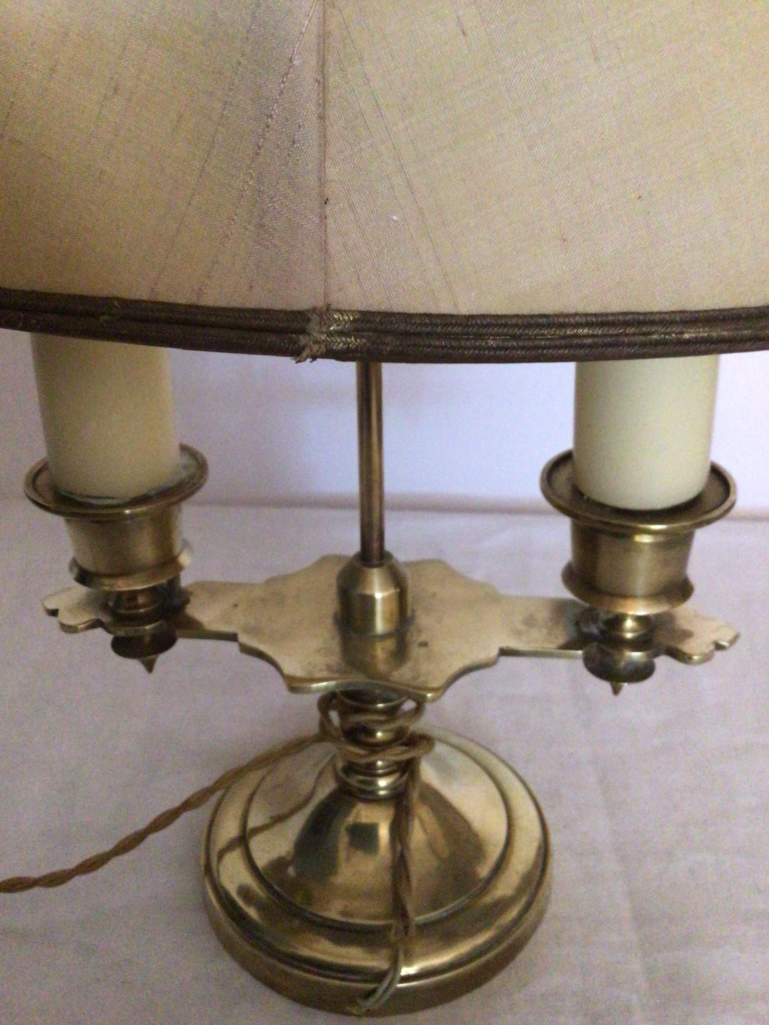 Old golden brass hot water bottle lamp with 2 arms of light