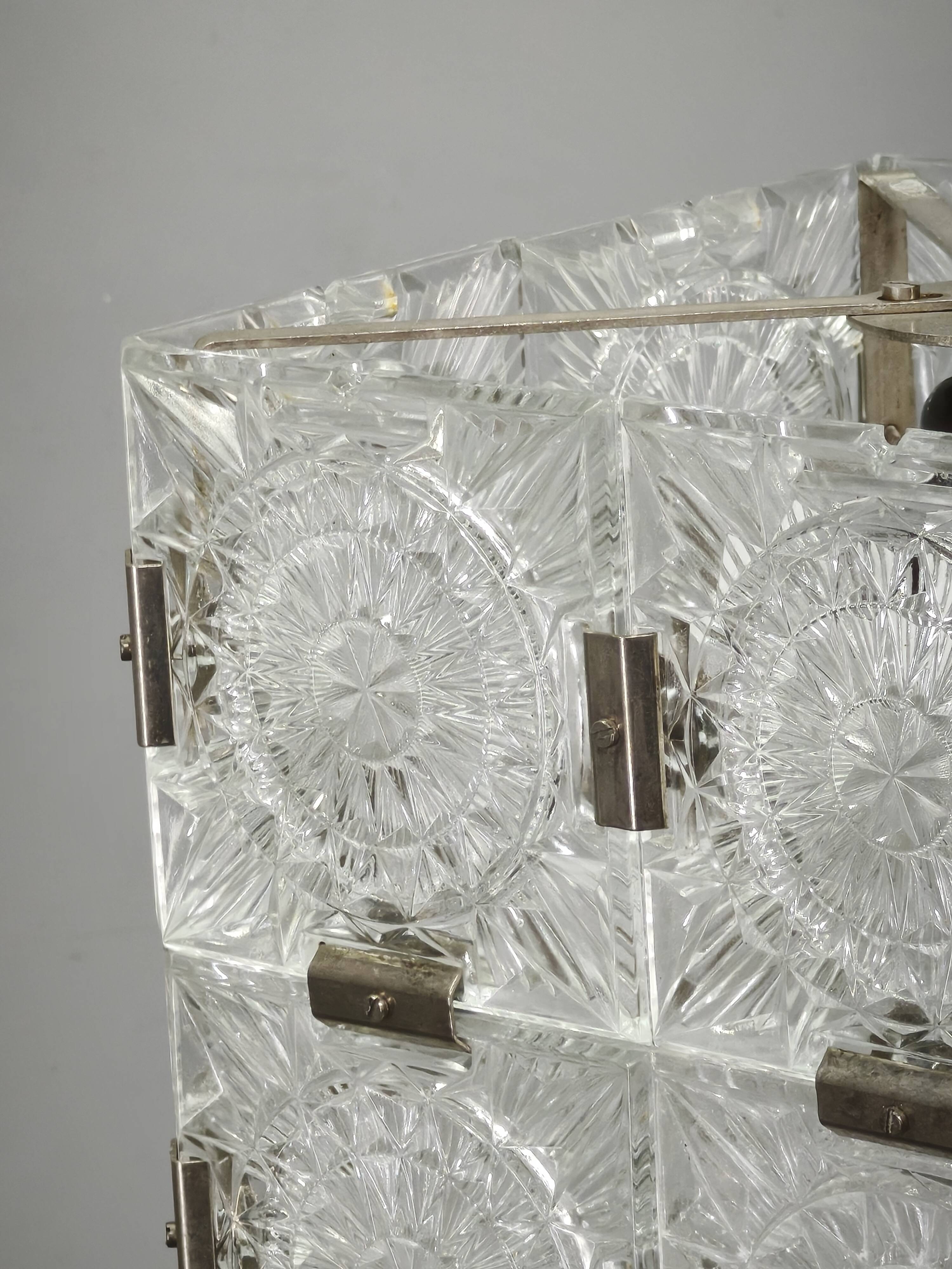 1970s Czech Geometric Pressed Glass and Chrome Cube Pendant Light