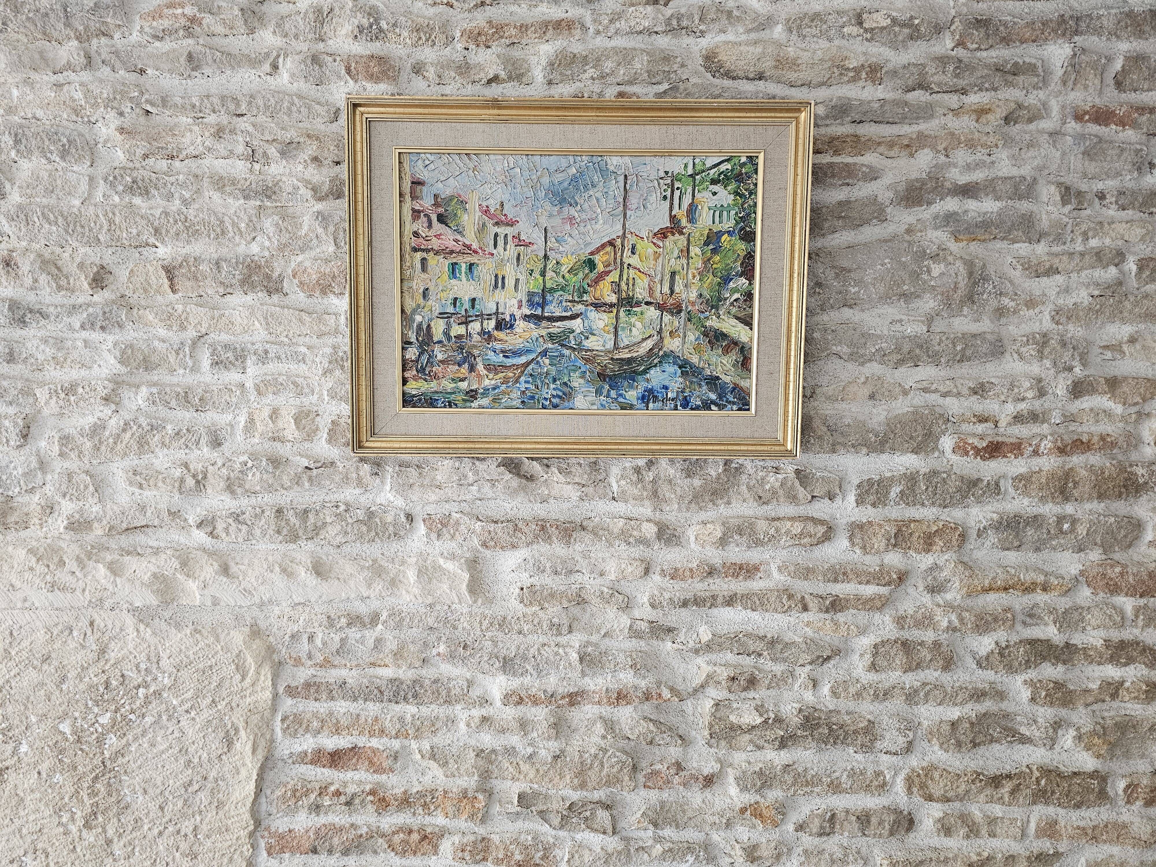 Oil painting on canvas Landscape - Port of Martigues signed Michel 1961