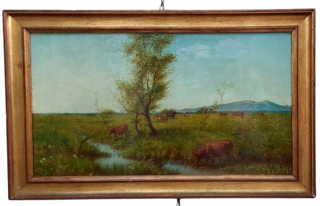 Antique oil painting on panel landscape figures cows - 19th century
