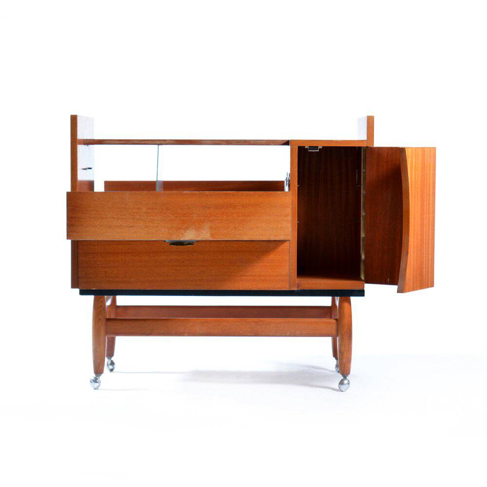 Bar Sideboard On Wheels In Mahagony & Brass, Czechoslovakia 1970