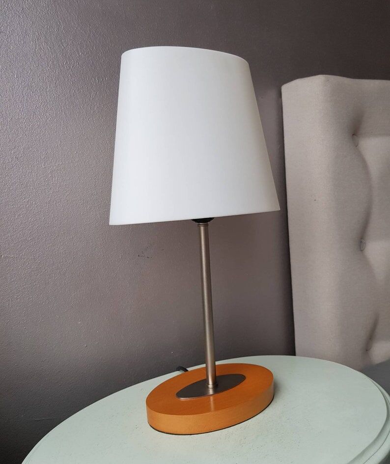 Wooden and metal lamp with plastic lampshade from the 1980s