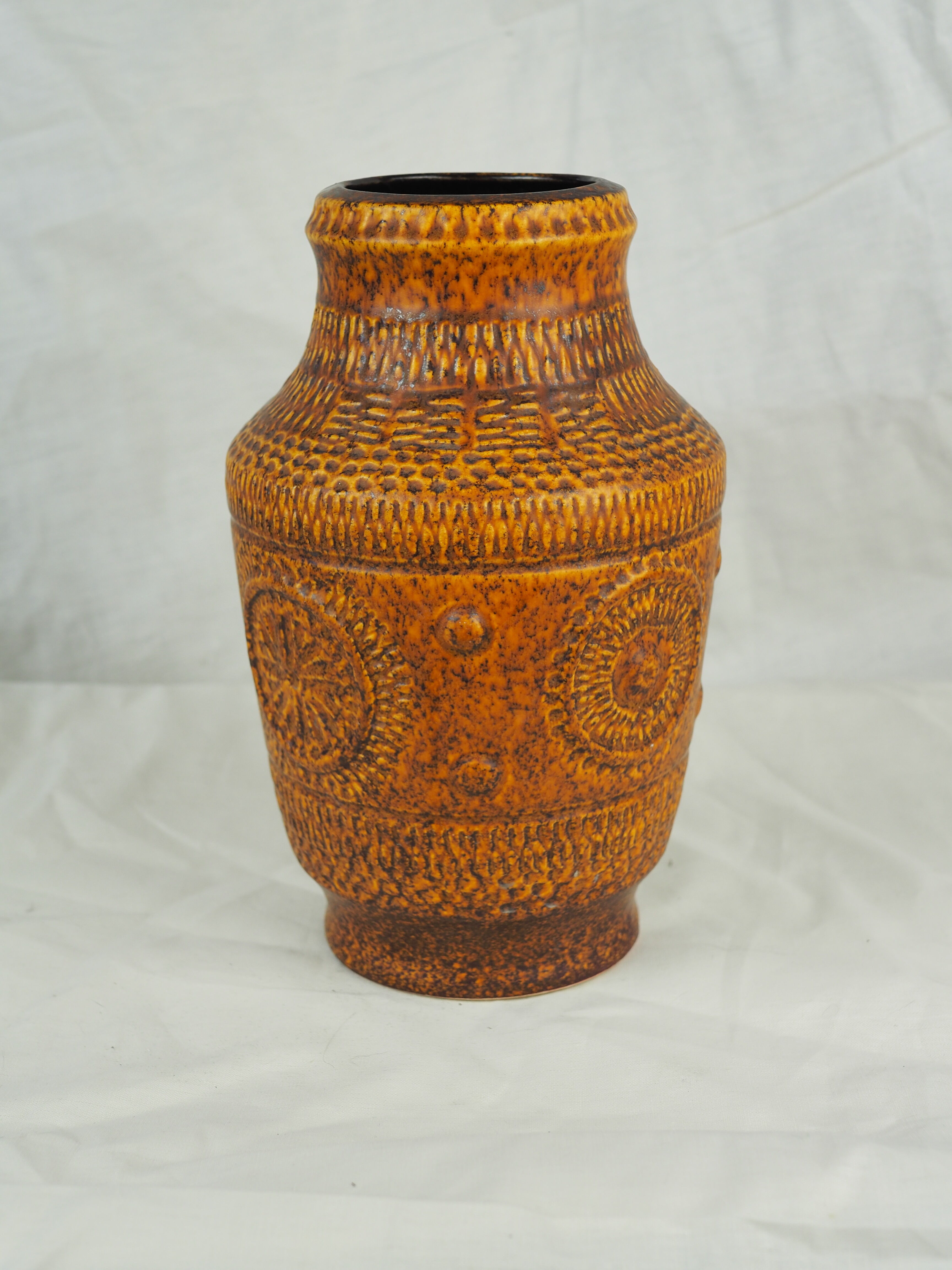 Vase with round reliefs and textured friezes, vibe seventies speckled ochre - Bay Keramik 60s 70s
