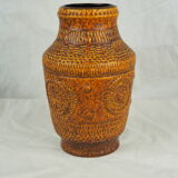 Vase with round reliefs and textured friezes, vibe seventies speckled ochre - Bay Keramik 60s 70s