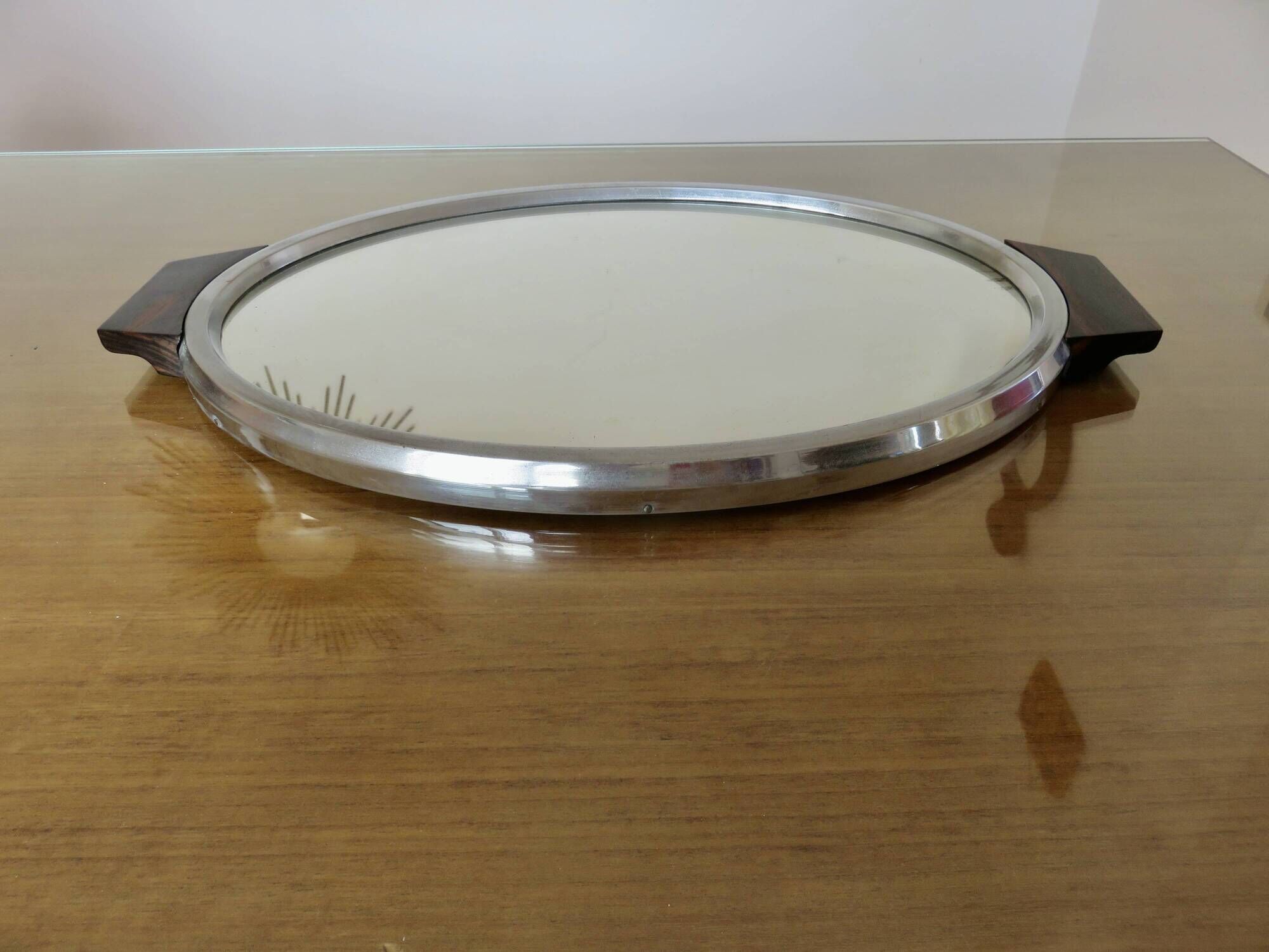 Oval mirror plateau, chrome brass and rosewood, Art Deco, 1920s 30s
