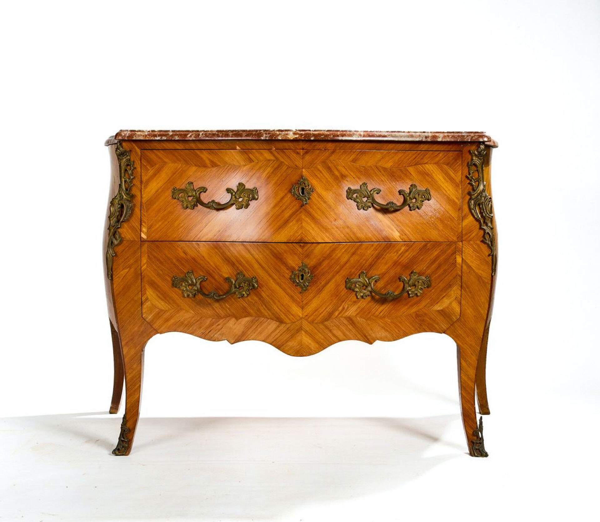 Curved Louis XV style commode in rosewood and red marble, fine.