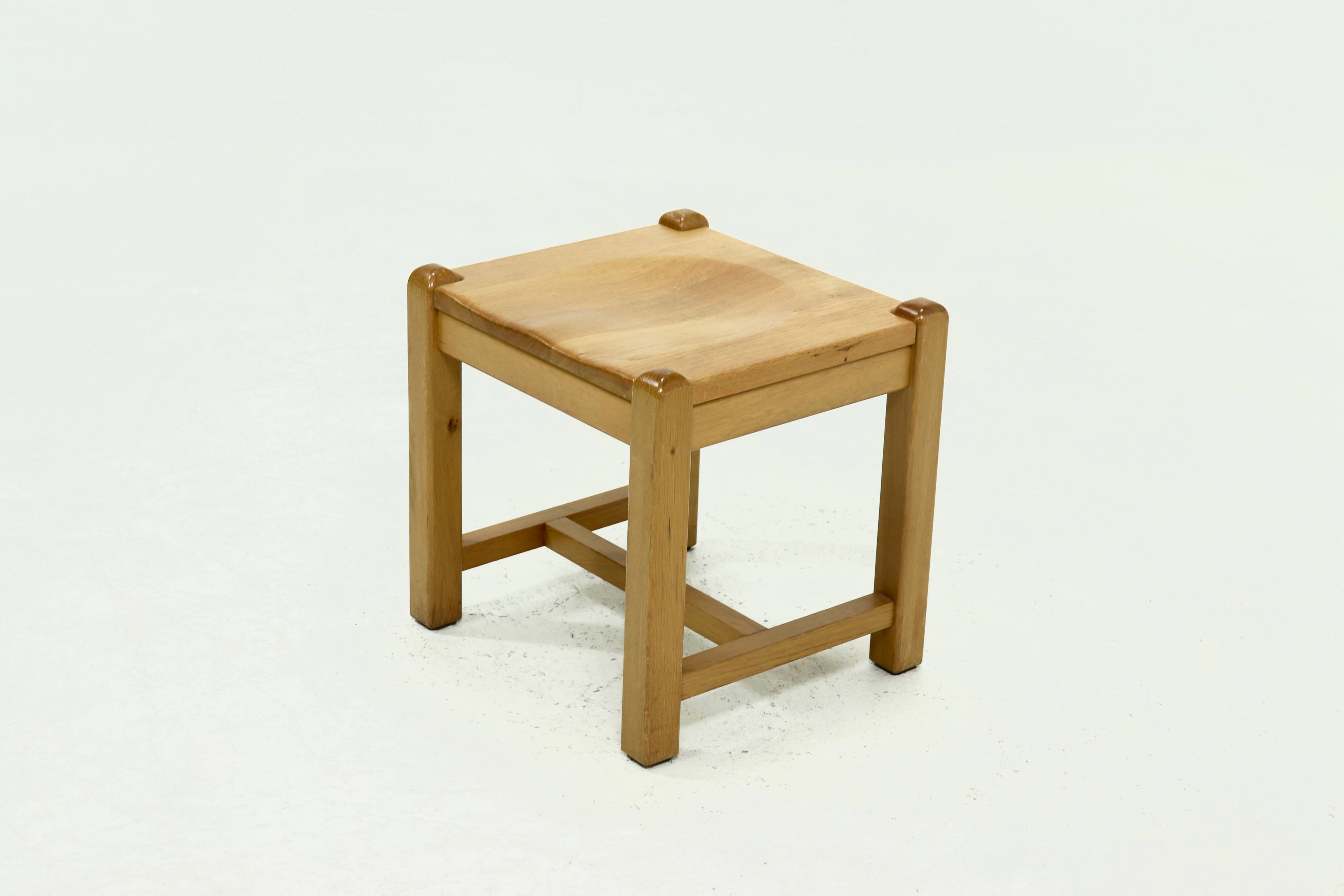 Solid Blonde Oak Cubic Stool with Carved Seat, 1970s