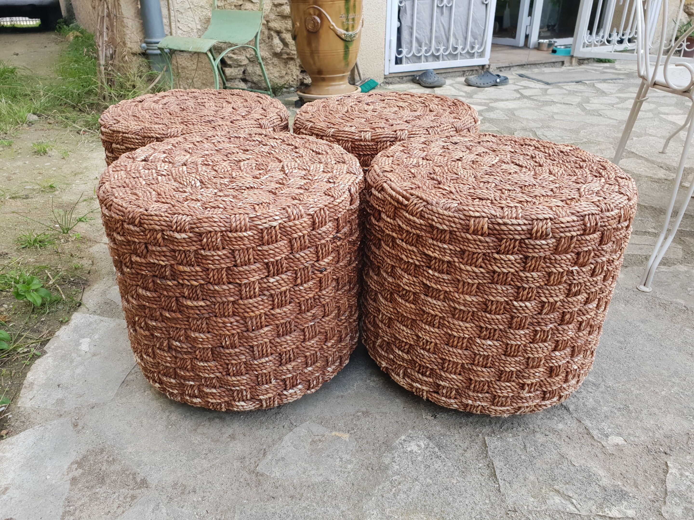 Vintage rope coffee table and stools