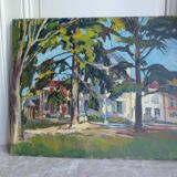 Oil on canvas, houses in a park