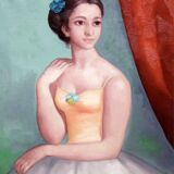 Tableau Huile Ancien Portrait Jeune Femme 20ème Siècle