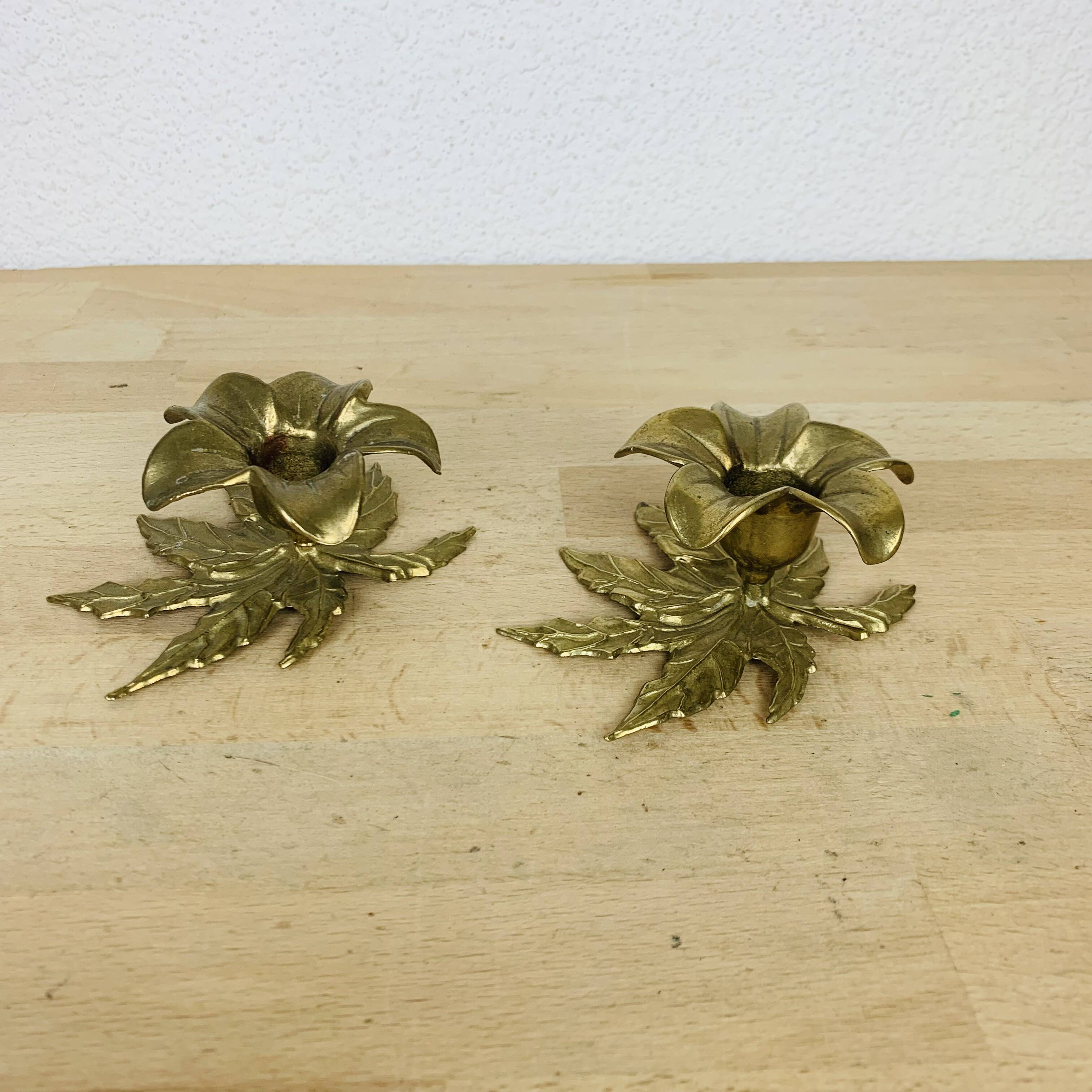 Pair of gilded brass flower candlesticks