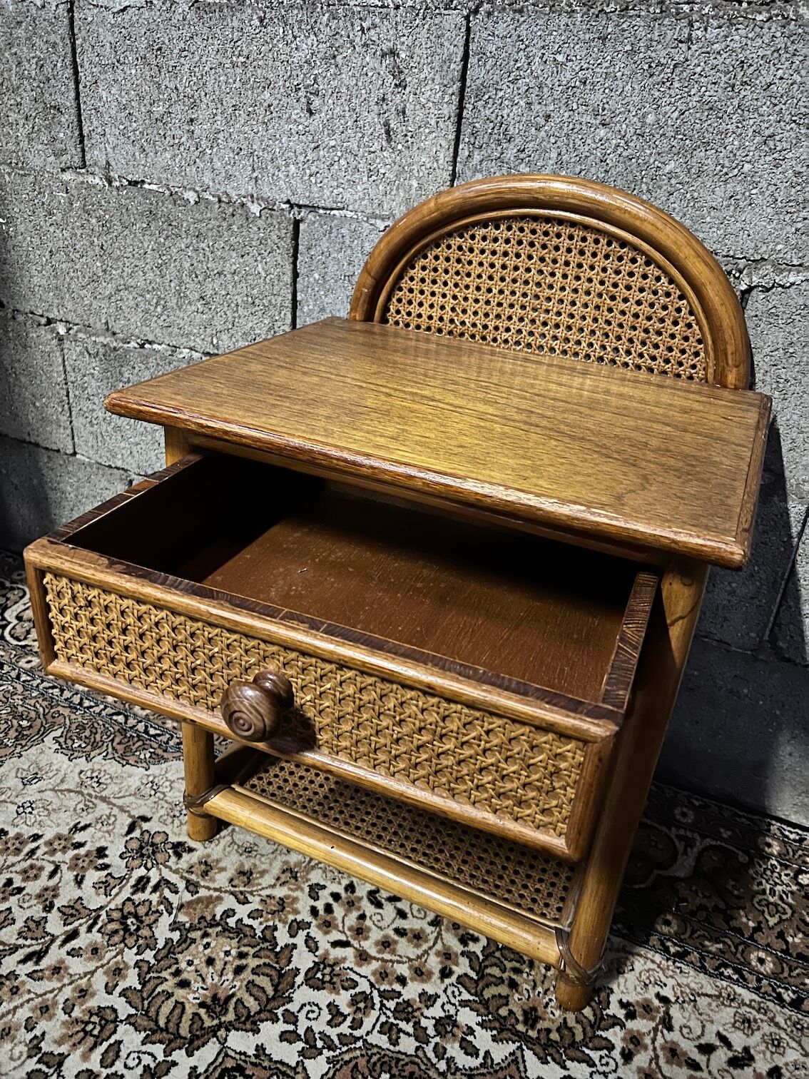 Vintage bedside table in rattan, wood and canning