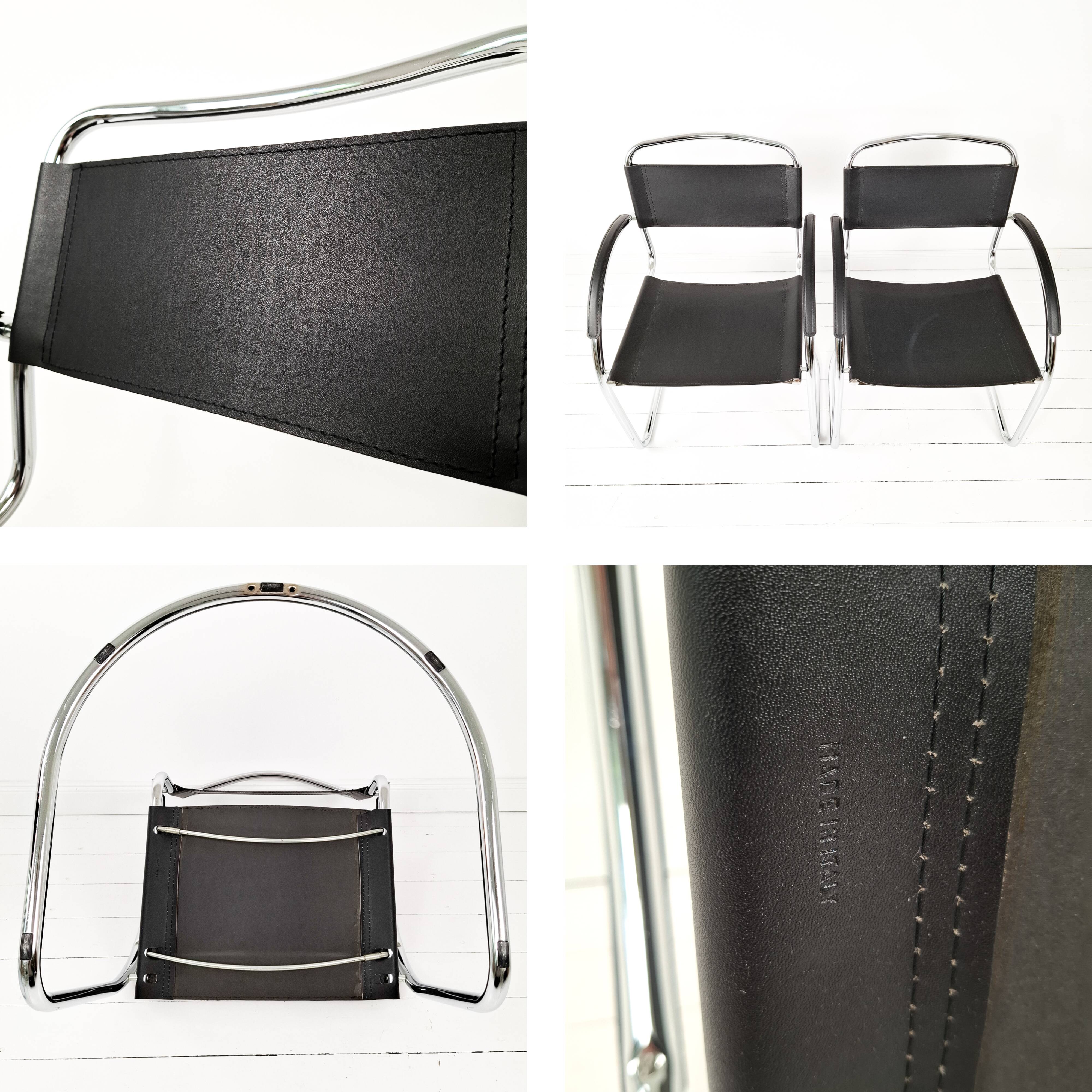 Pair Vintage Italian Cantilever Chairs Chrome Leather Armrests Bauhaus Style