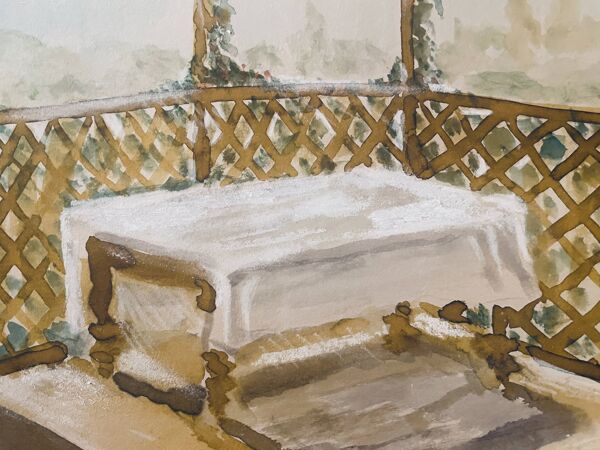 Tableau signé aquarelle paysage « table Provençale sous la tonnelle »