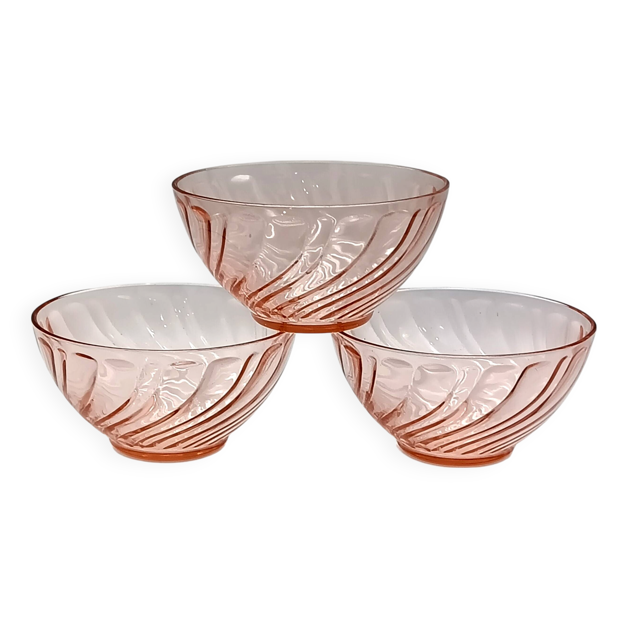 3 vintage pink glass bowls, rosaline arcoroc france