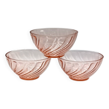 3 vintage pink glass bowls, rosaline arcoroc france
