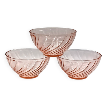 3 vintage pink glass bowls, rosaline arcoroc france
