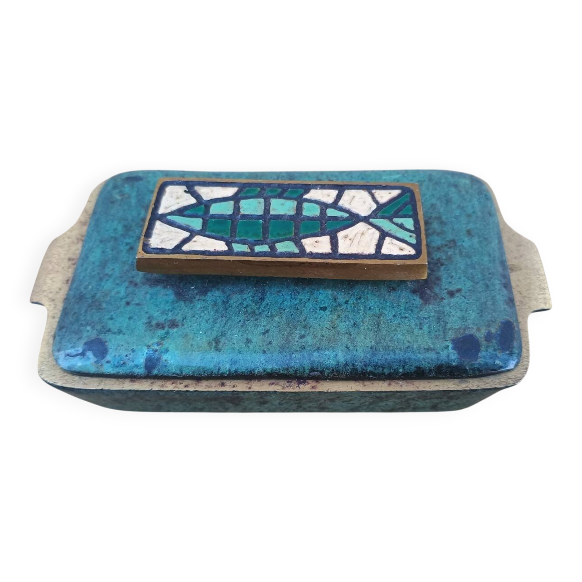 Vintage Judaica box BAYAGI Israel in brass enamel mosaic fish decor