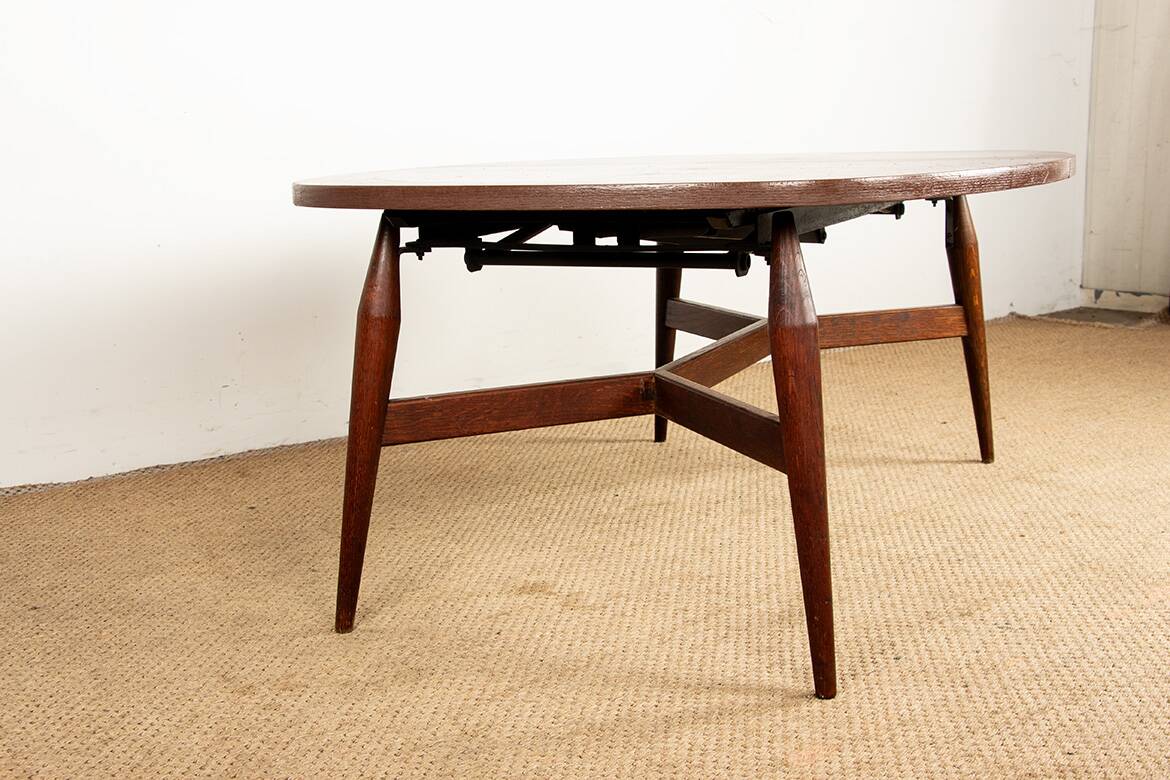 Danish high and low table in teak and brown lacquered wood, Smørrebrø model