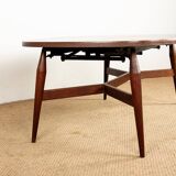 Danish high and low table in teak and brown lacquered wood, Smørrebrø model