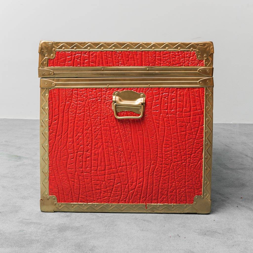 Vintage metal chest with red leather covering, 1950s