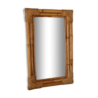 Miroir en rotin et bambou rectangulaire années 60-70