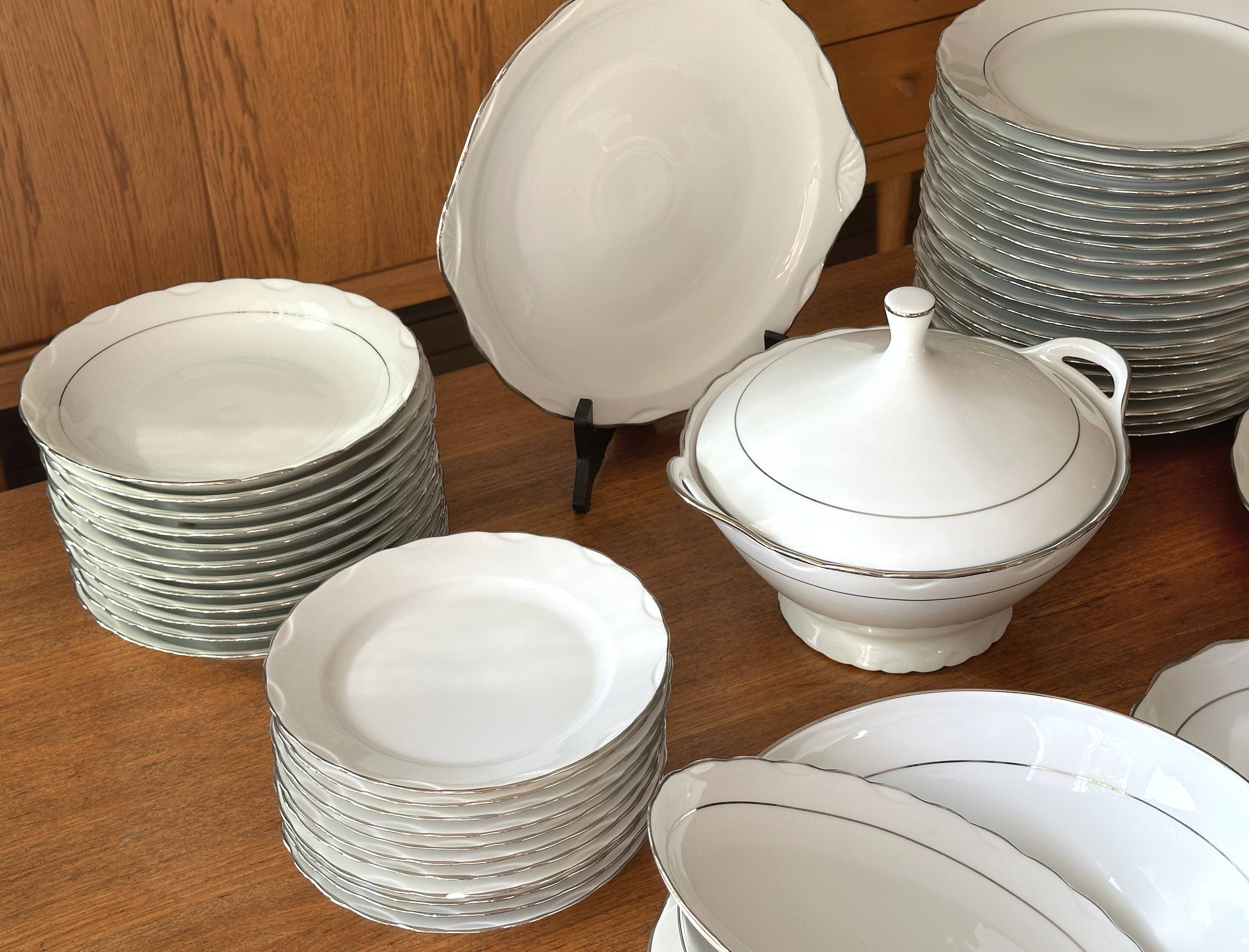 White and silver table service, Limoges porcelain, 56 pieces - in good condition.