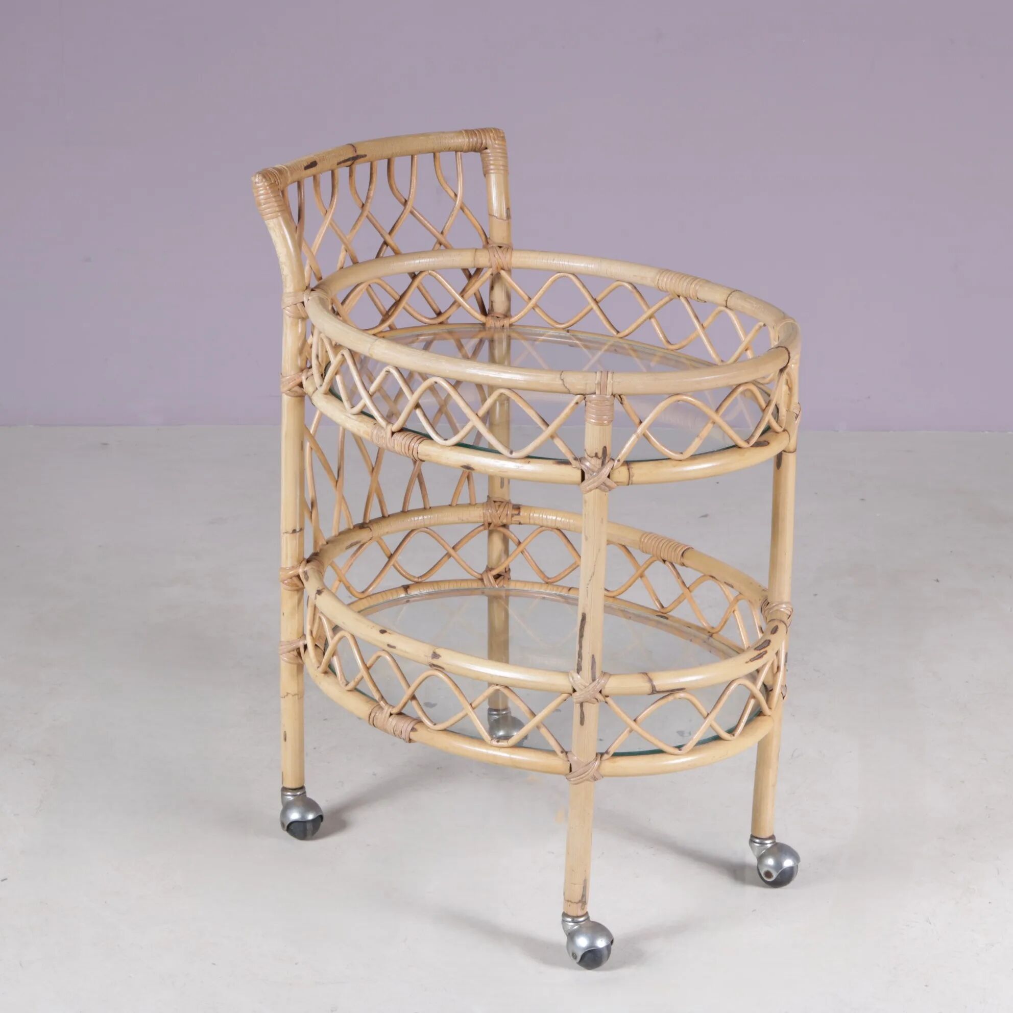 1950s bamboo trolley with two glass tops Italy