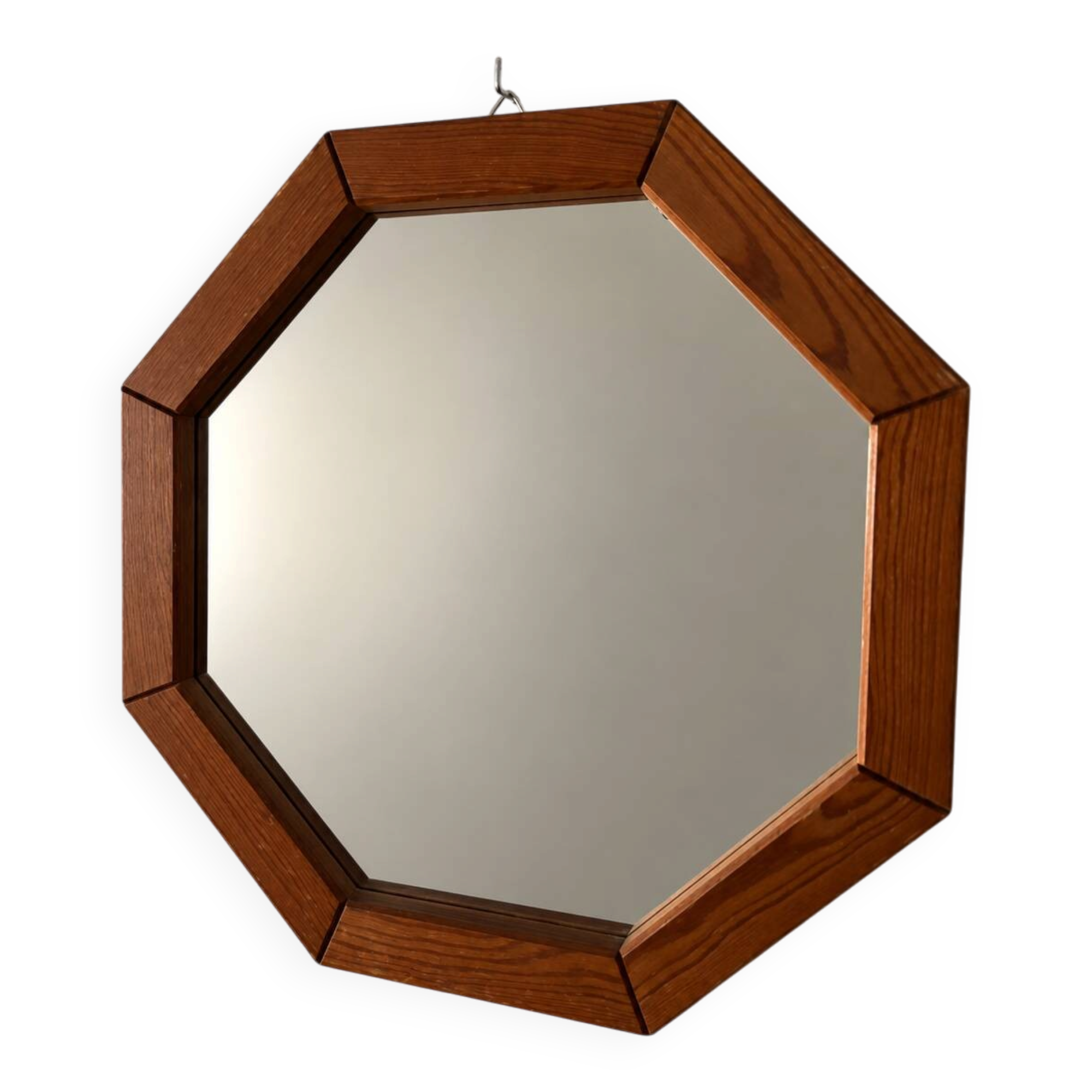 Vintage Octagonal Wooden Wall Mirror – 1970s Geometric Design
