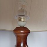Table lamp with wooden and alabaster base, fabric lampshade
