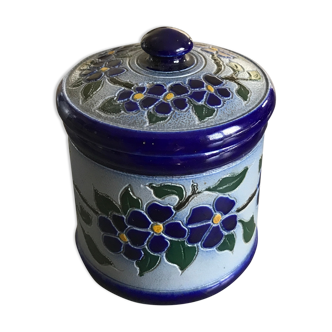 POT, VINTAGE TOBACCO BOX in Porcelain Stoneware with floral decoration from Alsace signed P.Schmitter