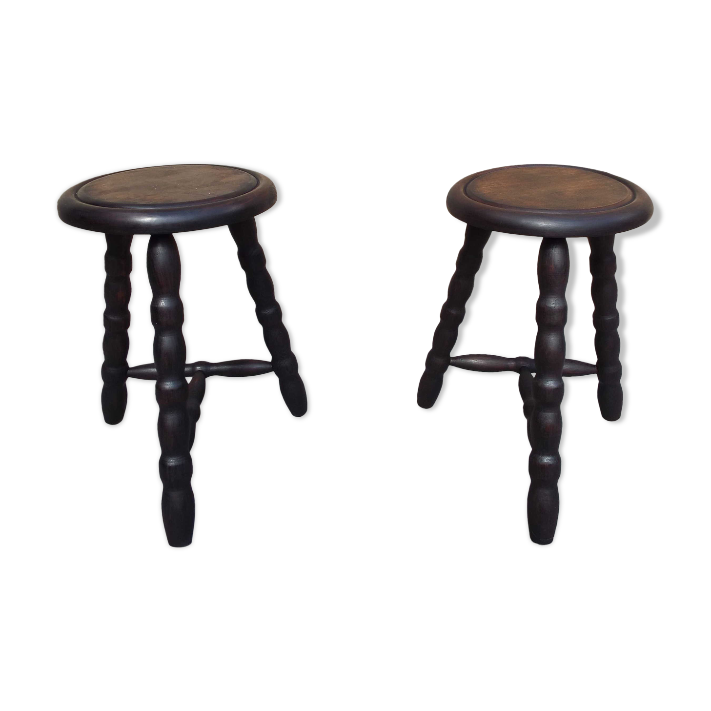 Pair of turned wooden tripod stools