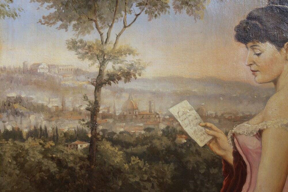 Portrait d'une dame italienne avec paysage florentin, 1890, huile sur toile, encadré.