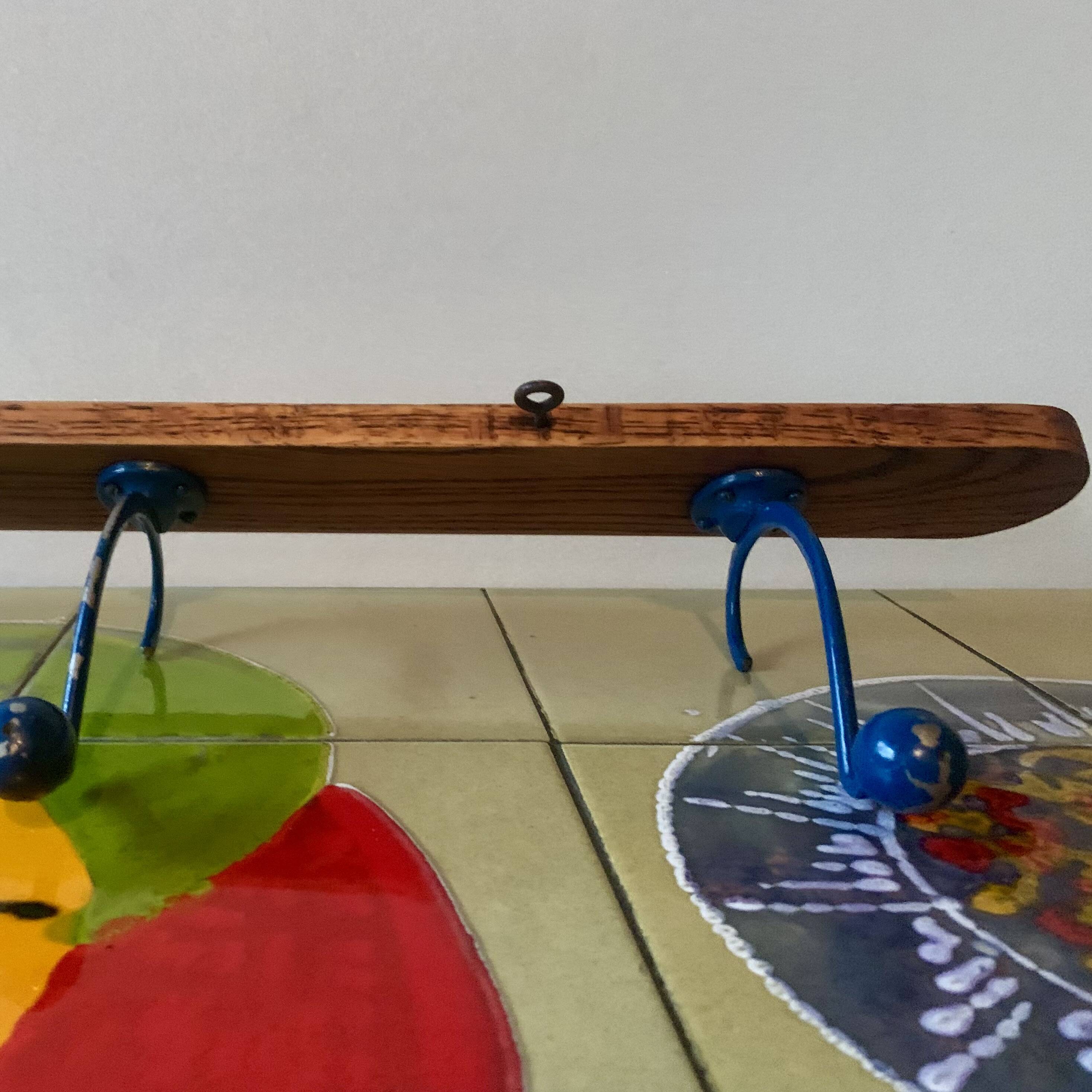Vintage wooden wall coat rack - triple coat hook with blue metal balls