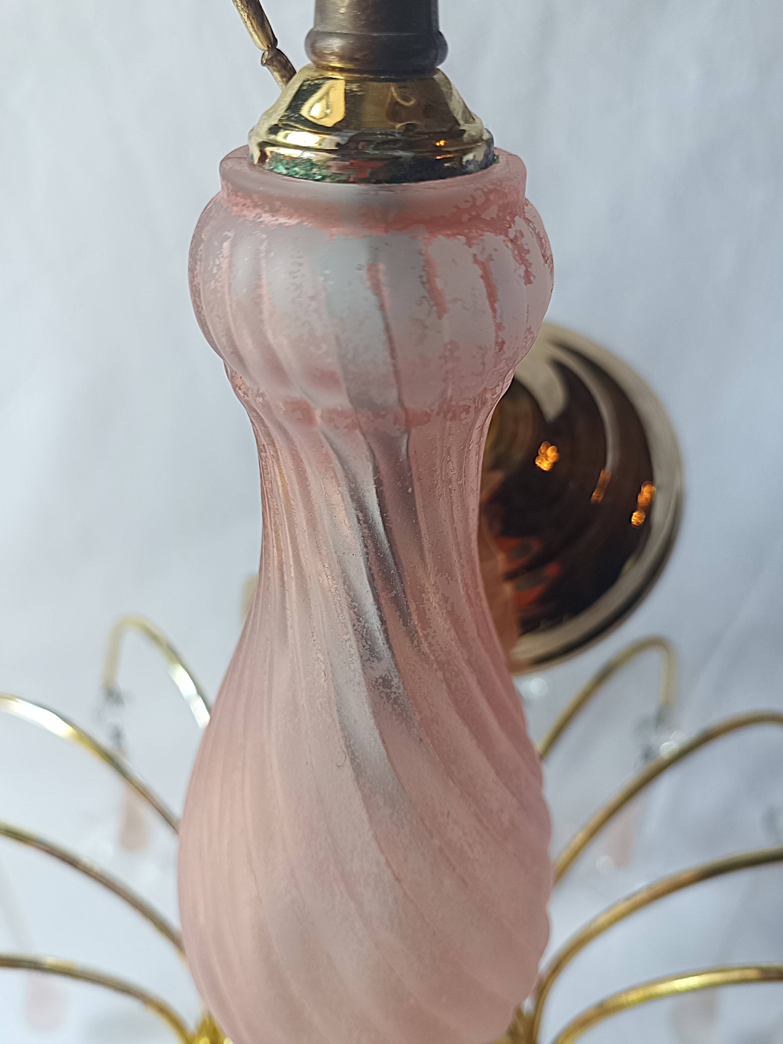 Vintage pink glass drop and flower chandelier pendant light.