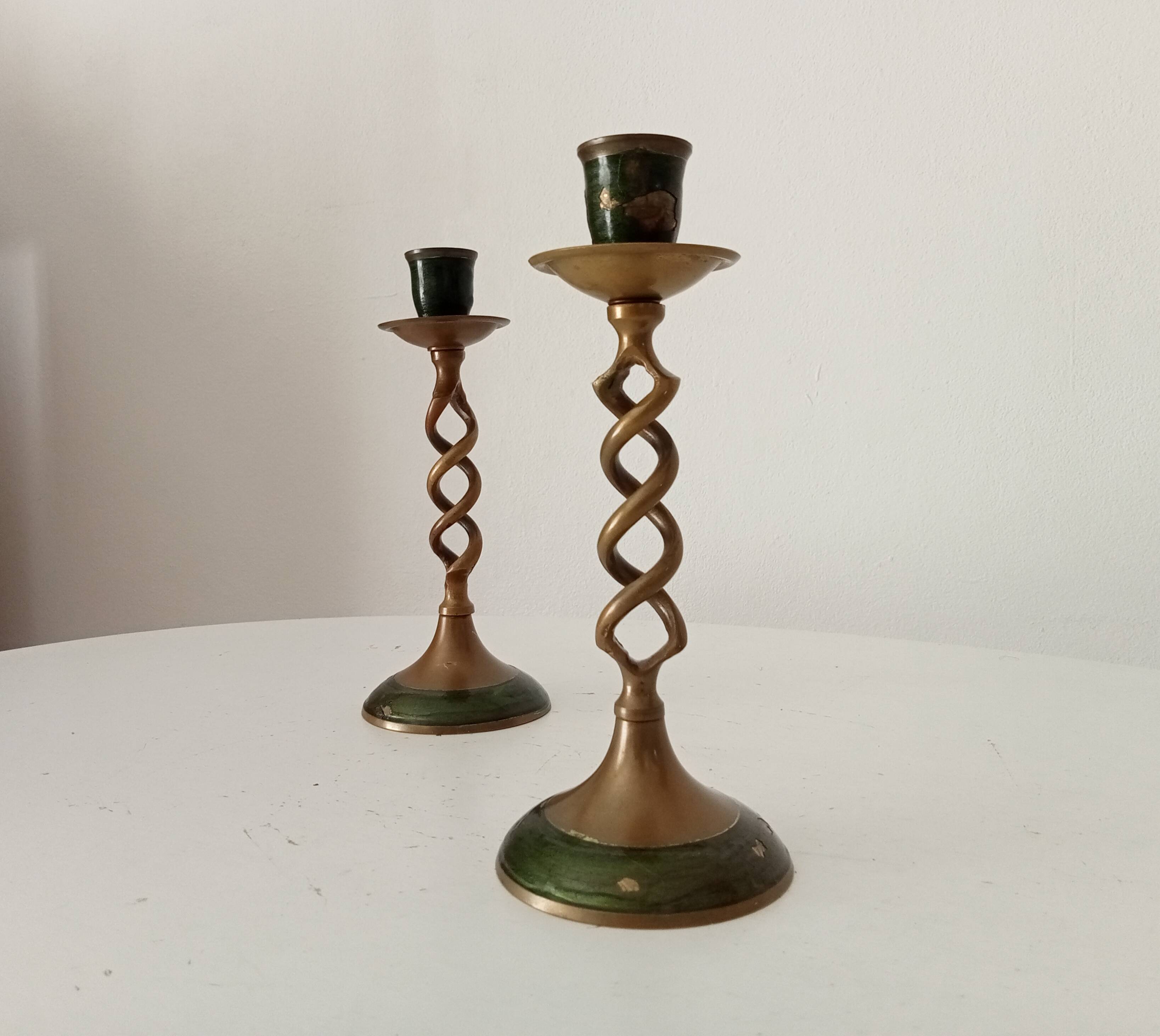 Twisted vintage candlestick in enamelled solid brass