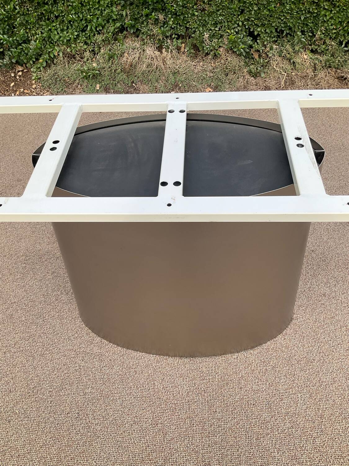 Oval designer dining table in frosted glass and brushed stainless steel