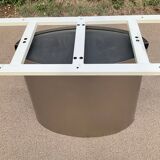 Oval designer dining table in frosted glass and brushed stainless steel