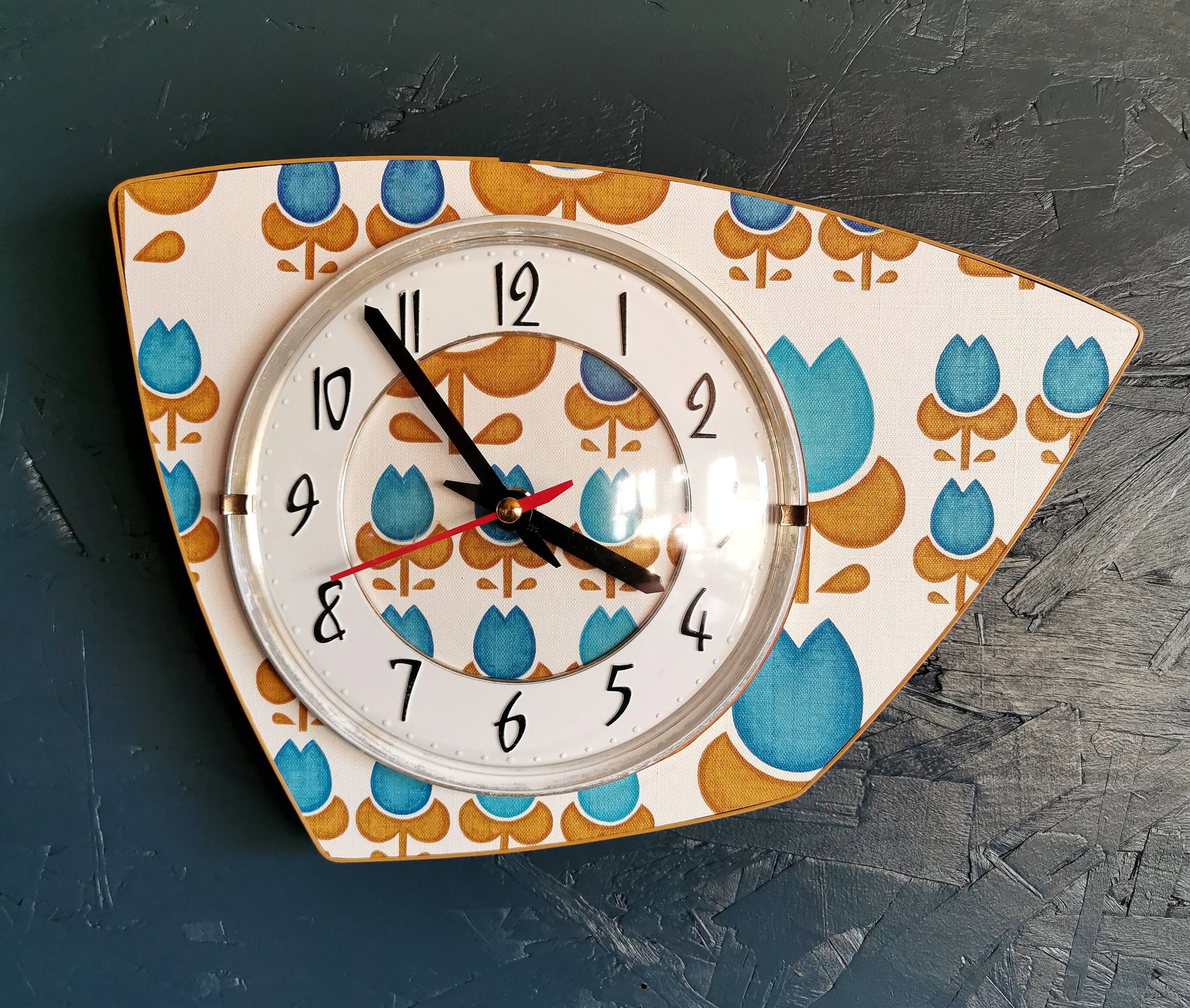 Vintage formica clock silent asymmetrical wall pendulum "Blue flowers"