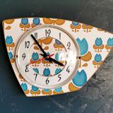 Vintage formica clock silent asymmetrical wall pendulum "Blue flowers"