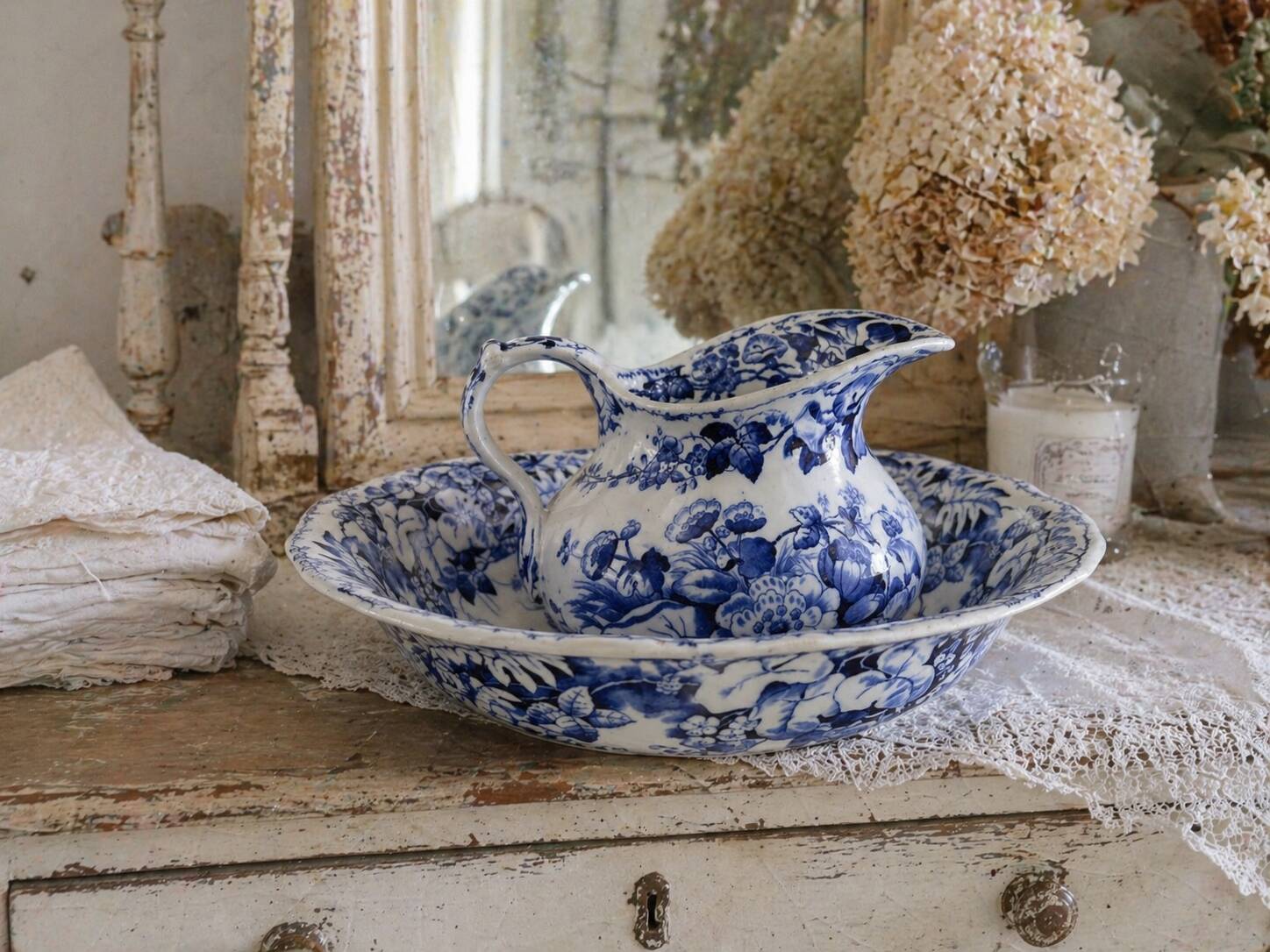 Antique jug and basin set Creil & Montereau Liseron model – earthenware