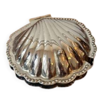 Antique silver-plated metal butter dish in the shape of a seashell