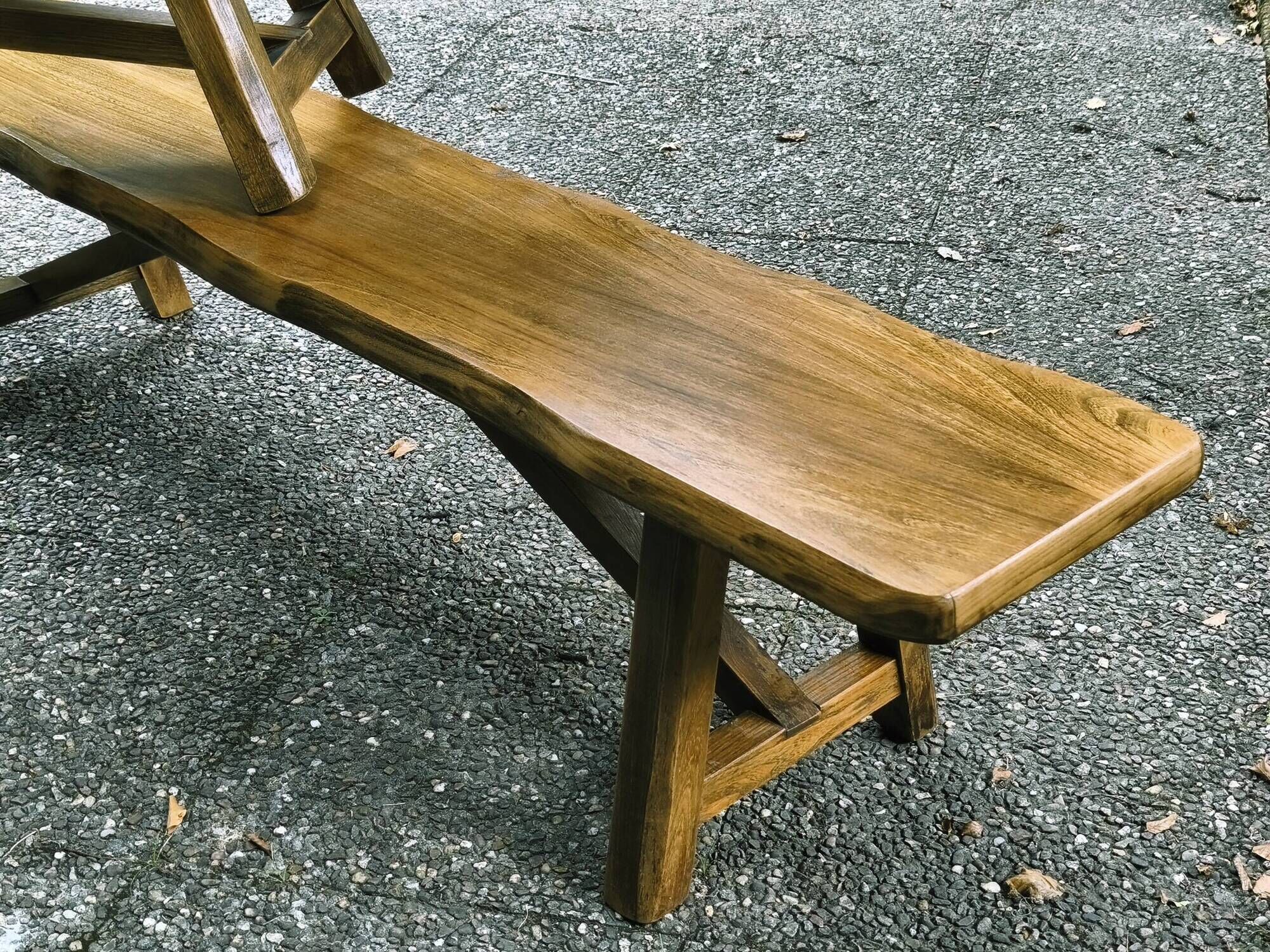 Pair of brutalist benches in solid blond elm by Aranjou, France, 1970s